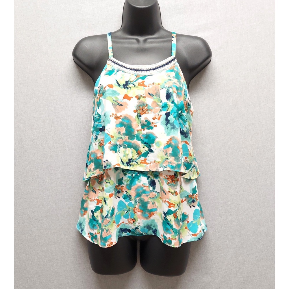 Womens S‎ Layered Flowy Tank Top Beaded Neck Coastal Boho Resort Vacation Artsy